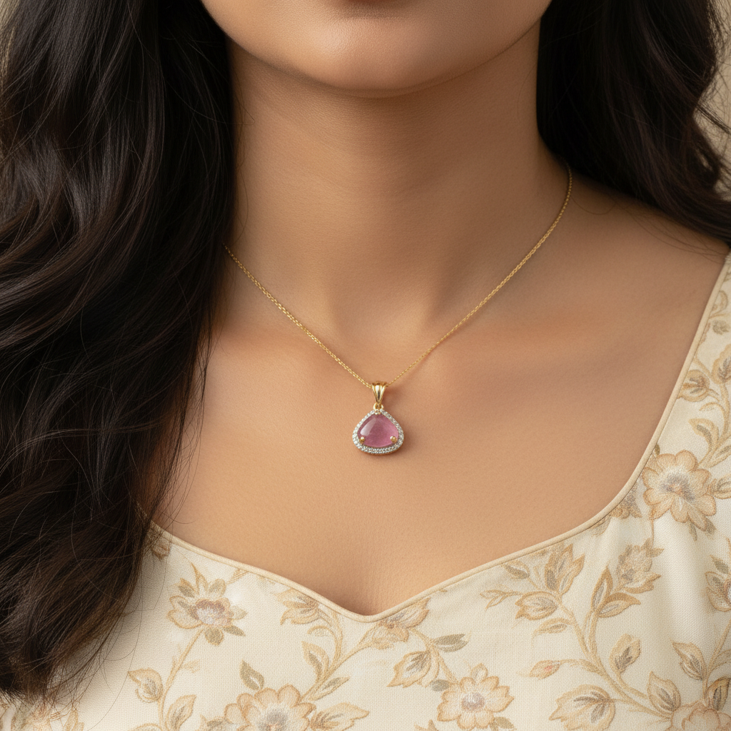 Close-up neck shot of Indian woman wearing tiny yellow gold pink sapphire diamond halo pendant