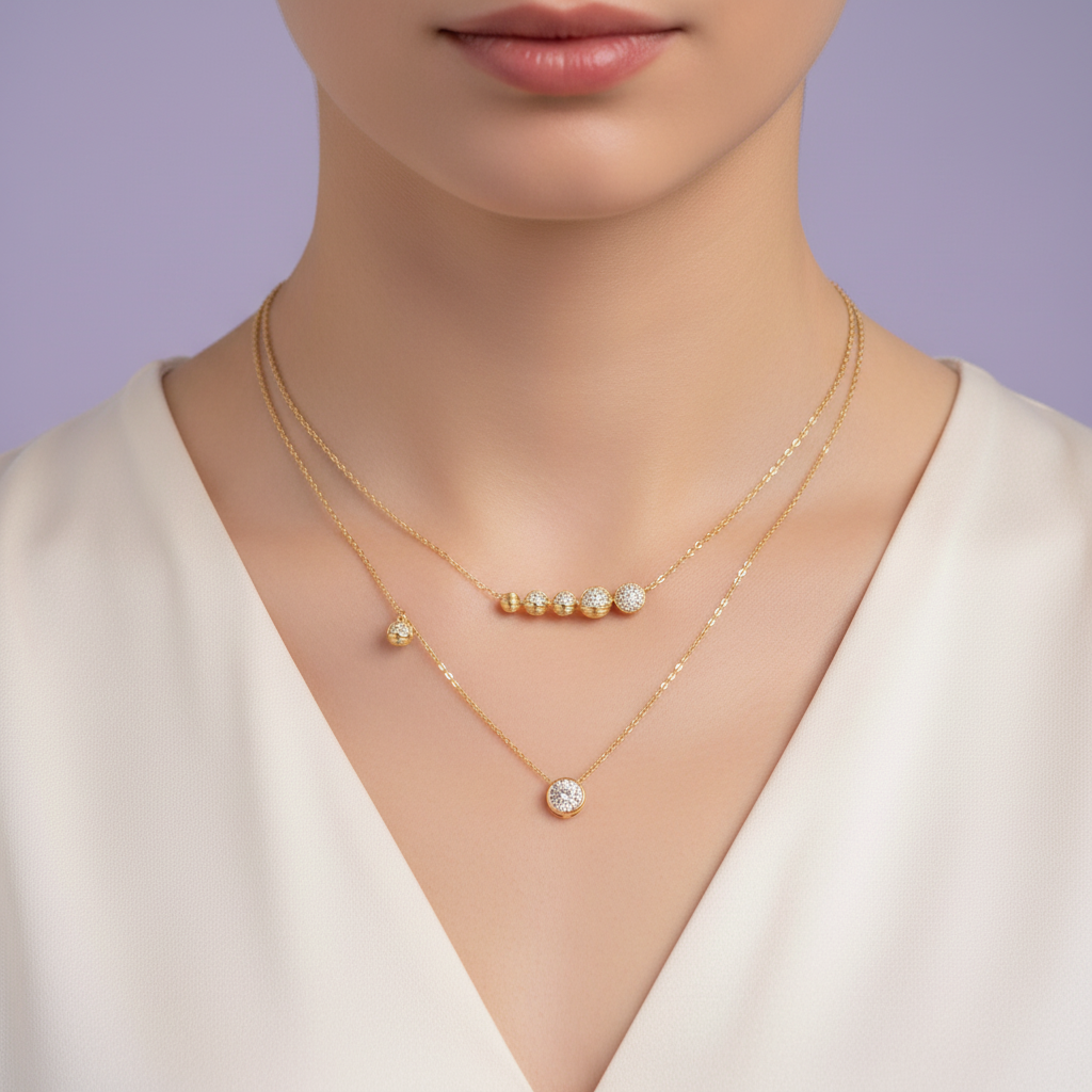 Close Up View - Gold Double Layer Necklace