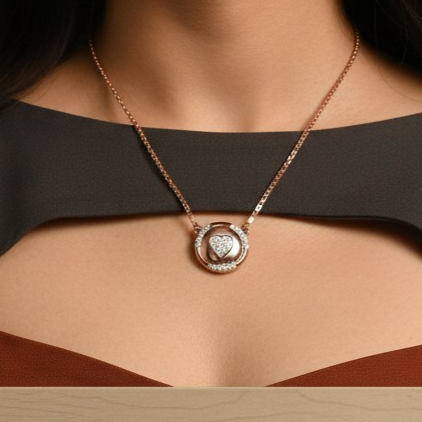 Round Medallion Heart Diamond Silver Pendant With Chain