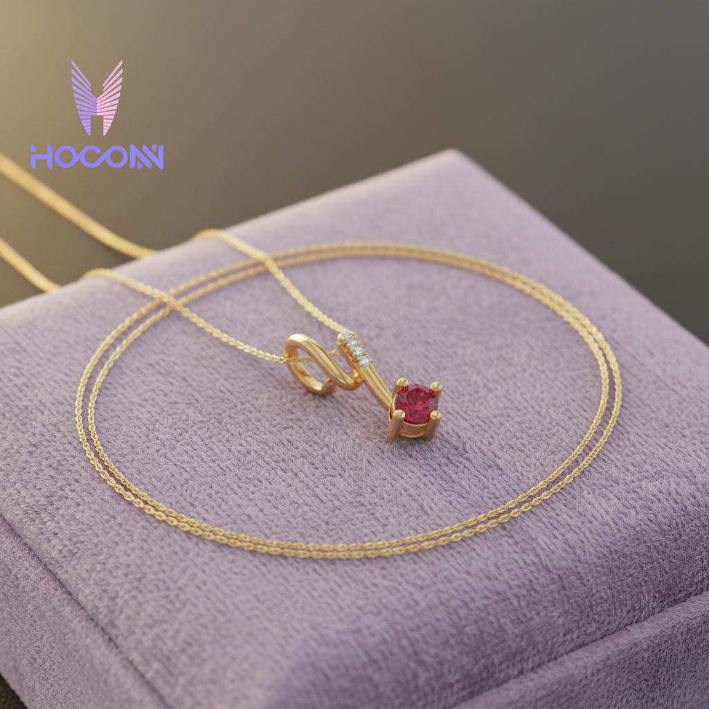 CPD00212 ruby pendant on lavender velvet cushion with chain