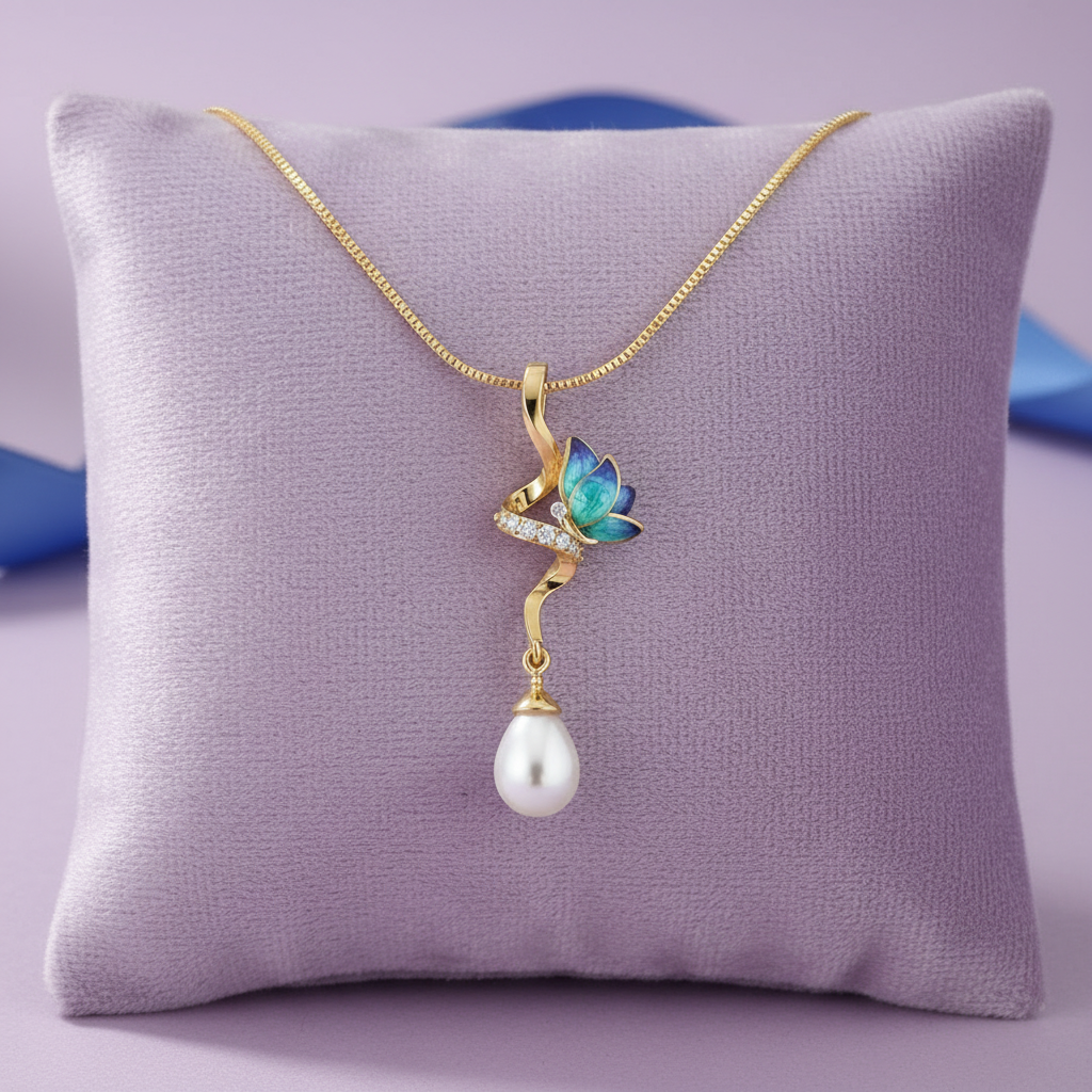 CPD00215 yellow gold blue-green enamel lotus butterfly pearl drop pendant on lavender velvet cushion with chain