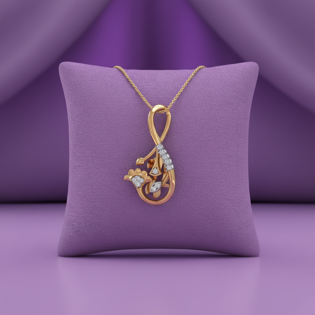 CPD00237 yellow gold infinity loop floral pendant zoomed out wide shot on lavender velvet cushion