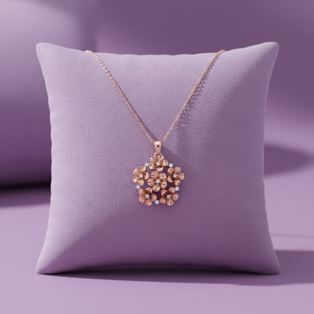 CPD00248 rose gold multi-flower cluster pendant on plump lavender velvet cushion prop