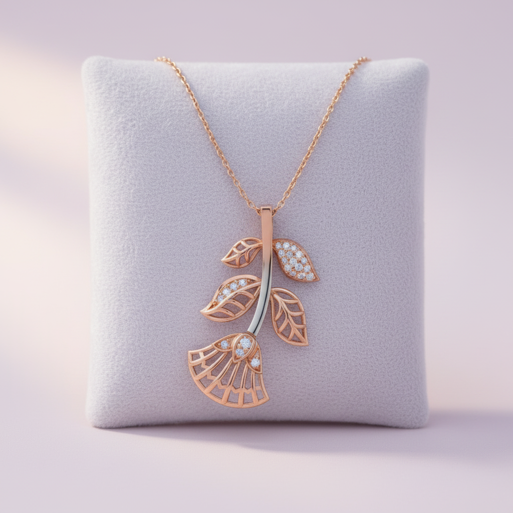 CPD00265 rose gold botanical leaf branch pendant on light pastel lavender velvet cushion with chain
