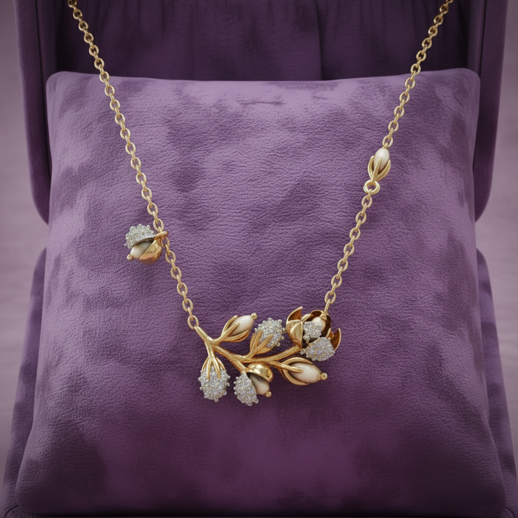 CPD00279 yellow gold botanical branch necklace zoomed in on lavender velvet cushion