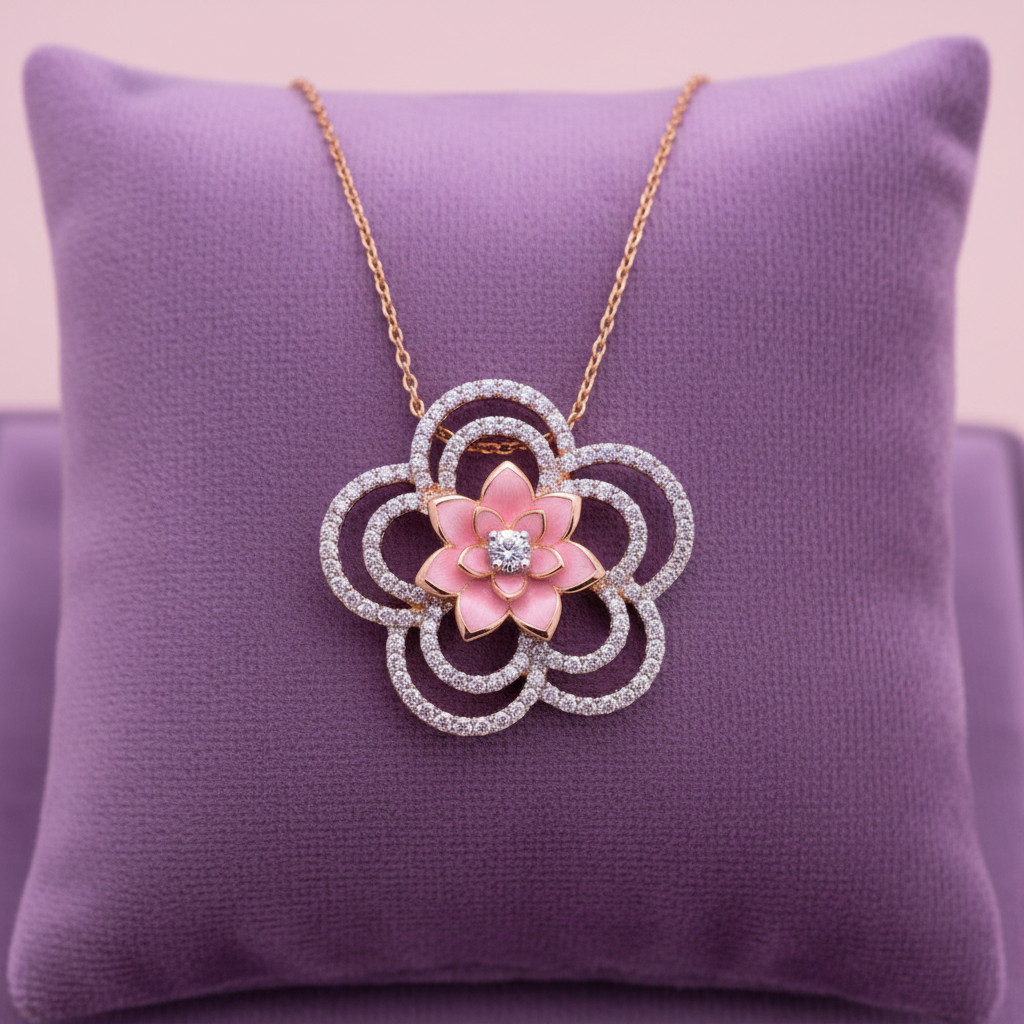 CPD00295 exact design rose gold scalloped flower pink enamel lotus pendant small on lavender velvet cushion