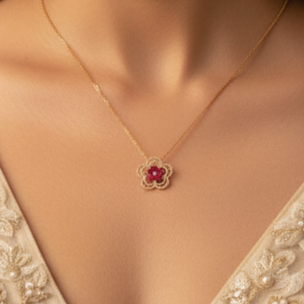Elegant Bloom Pink Diamond  Silver Pendant With Chain