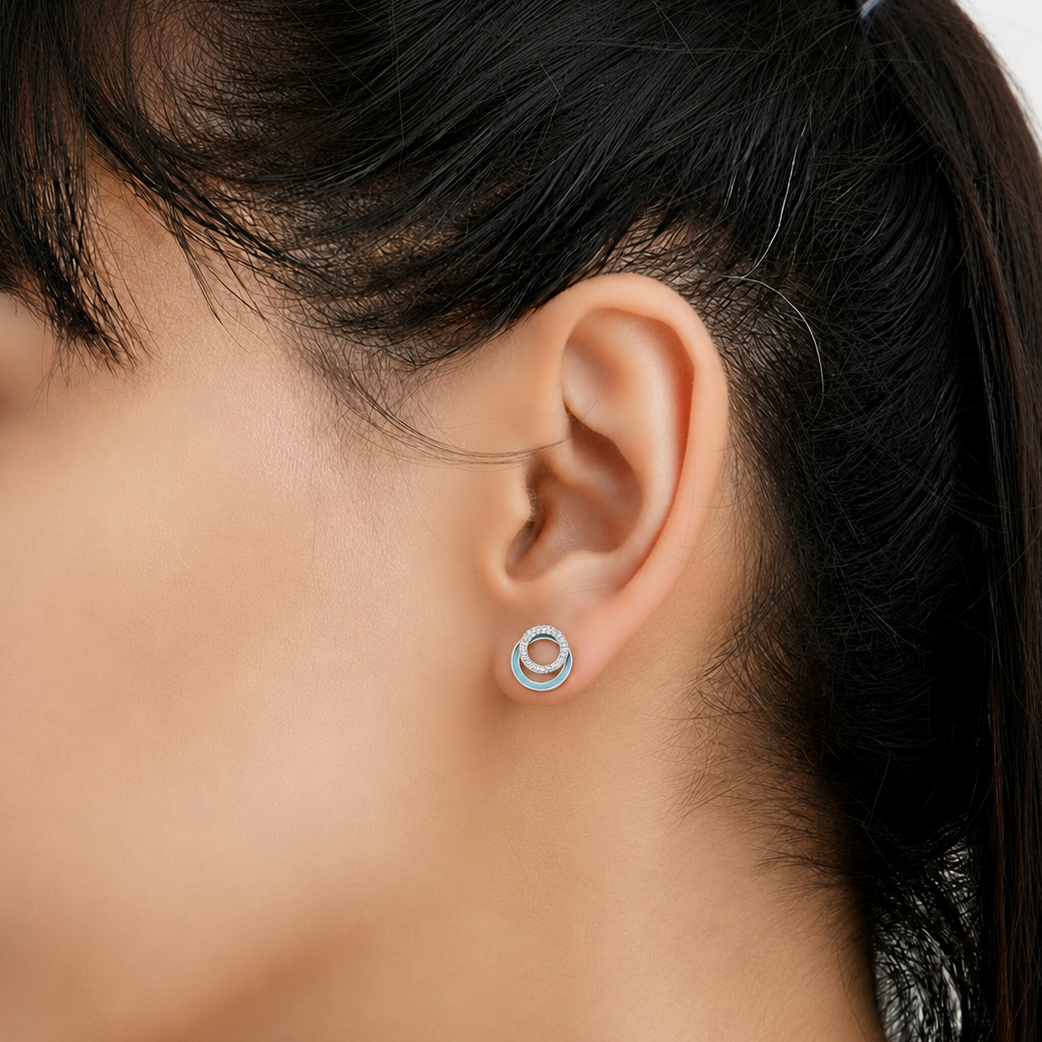 Modern Meenakari & Diamond Halo 925 Silver Studs