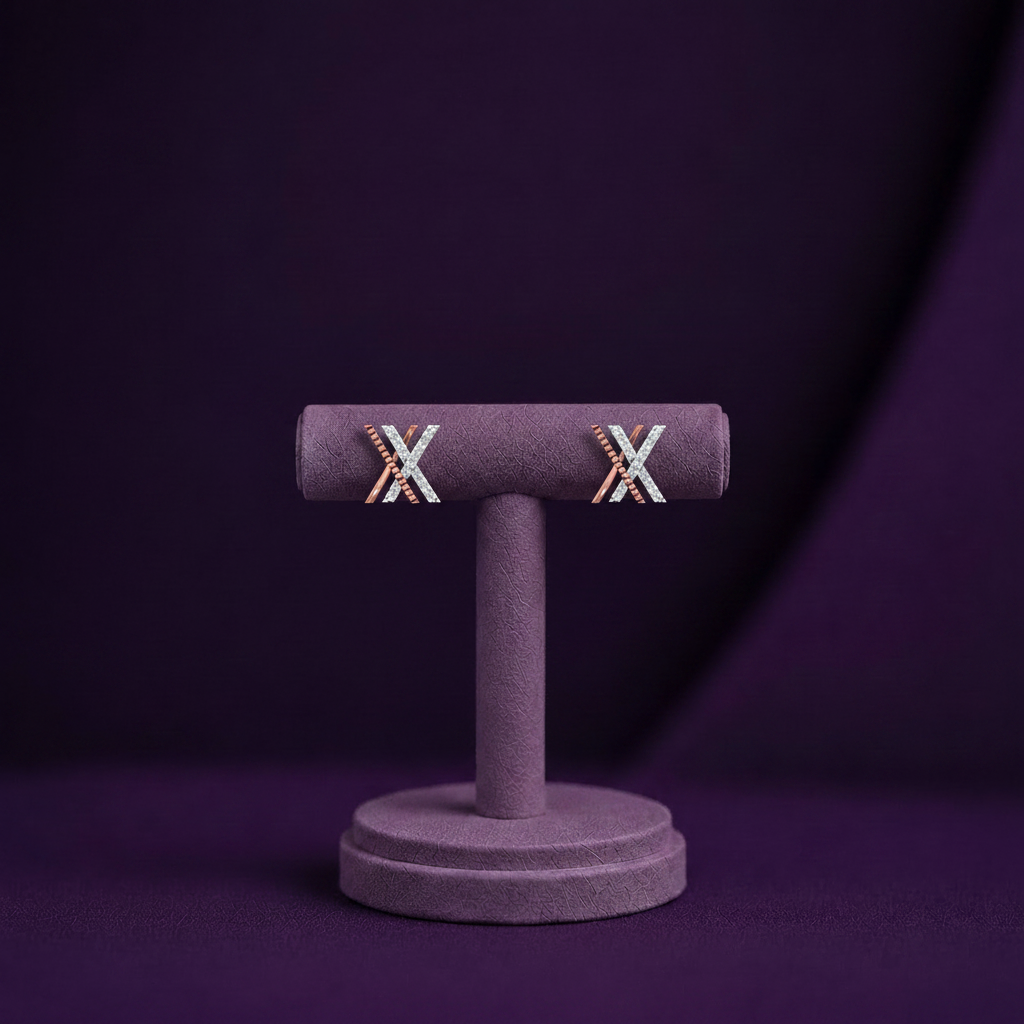 CPE00135 Corrected Small Rose Gold White Gold X-Cross Diamond Bar Stud Earrings Purple BG