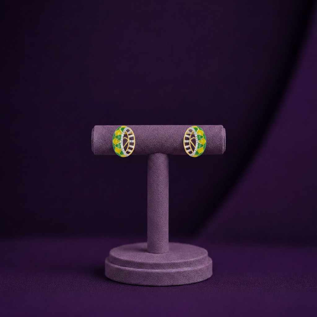 CPE00145 Yellow Gold Oval Yellow Green Enamel Chevron Diamond Band Stud Earrings Purple BG