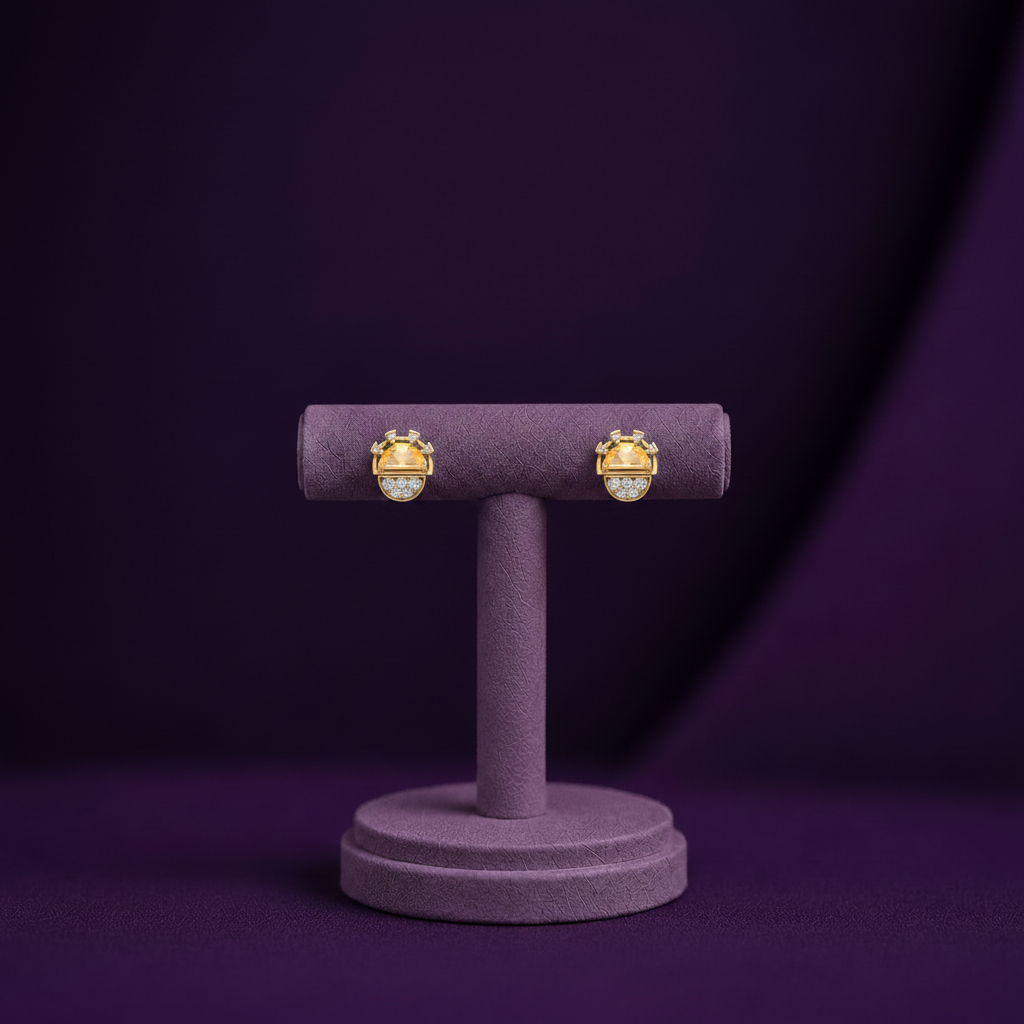 CPE00274 Smaller Yellow Gold Art Deco Half-Moon Citrine Diamond Stud Earrings Purple BG