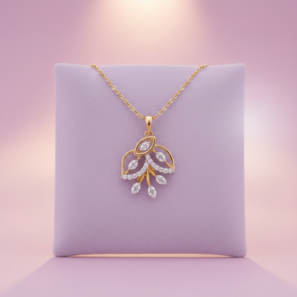 CPS00255 yellow gold leaf branch spray pendant on light pastel lavender velvet cushion