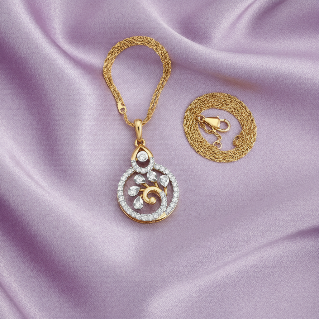 CPS00259 yellow white gold circular floral swirl pendant with chain on lavender silk cloth
