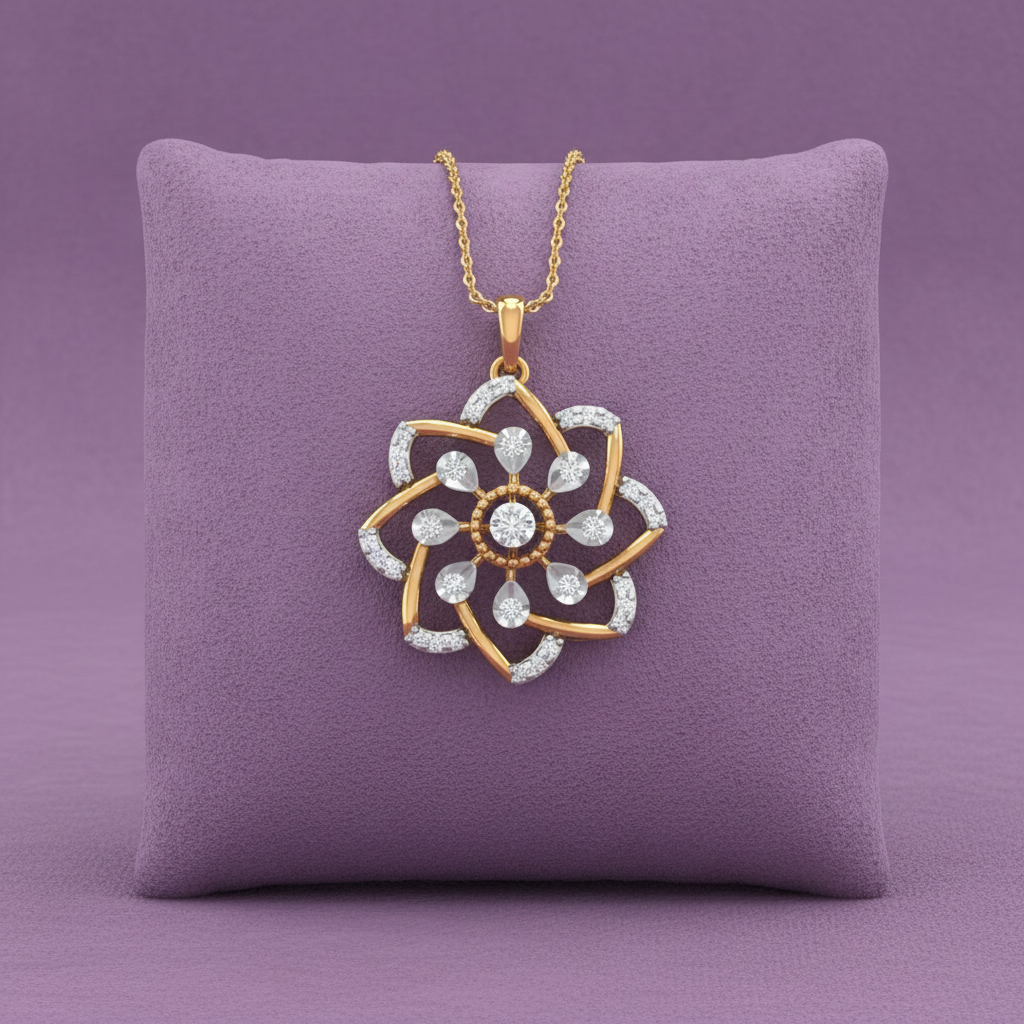CPS00265 yellow gold pinwheel pendant on proper lavender purple velvet