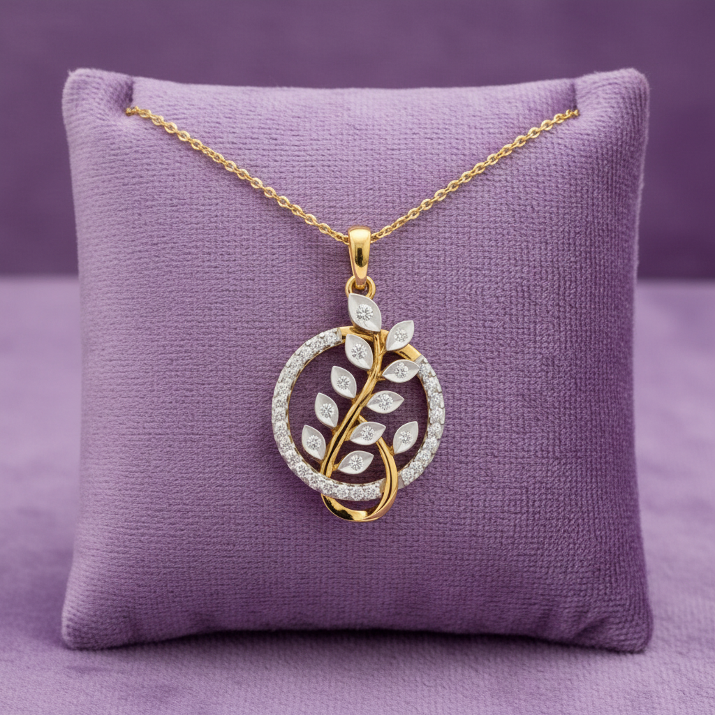 CPS00269 yellow white gold circular tree branch pendant on lavender velvet cushion with chain