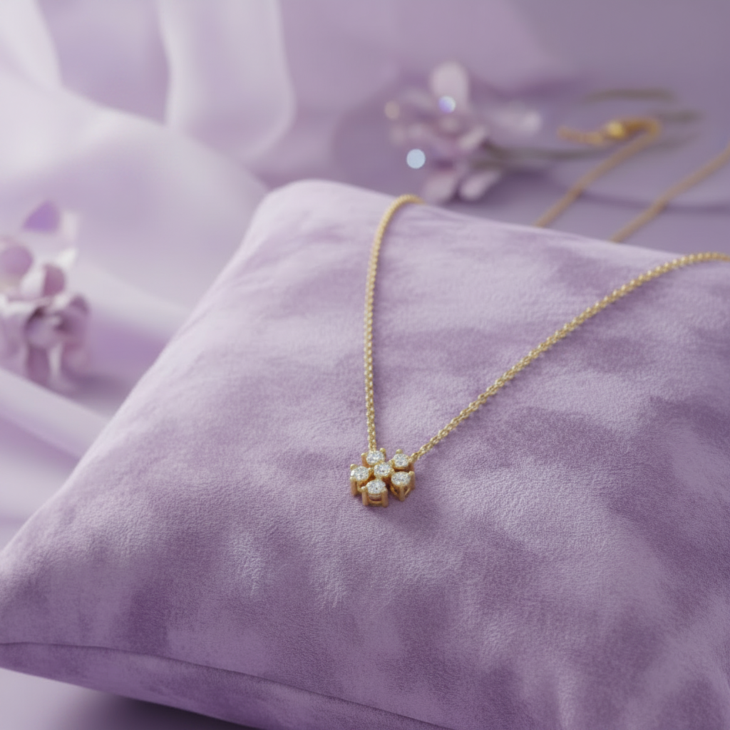 Diamond cluster pendant on lavender cushion