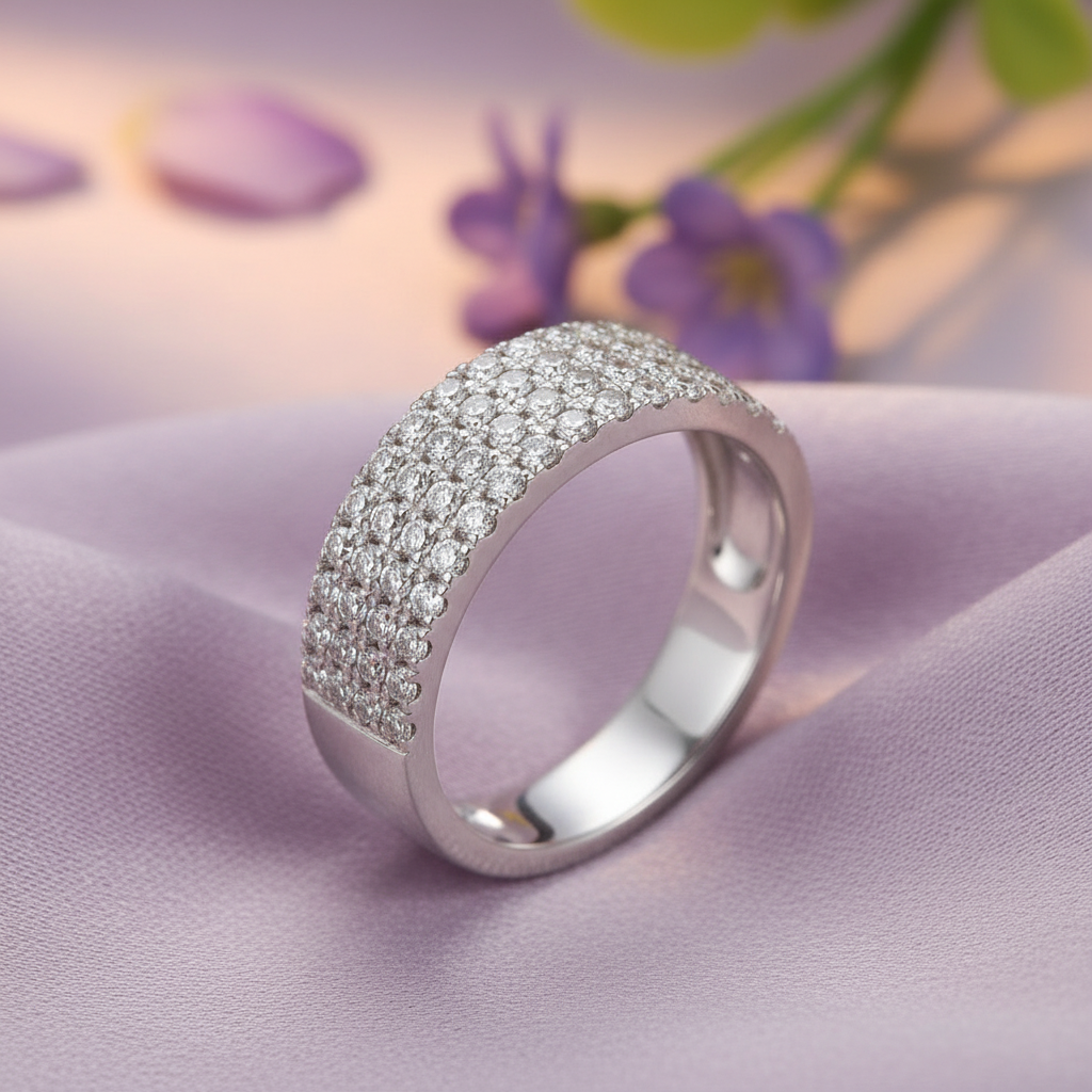 Diamond pave band upright on lavender silk