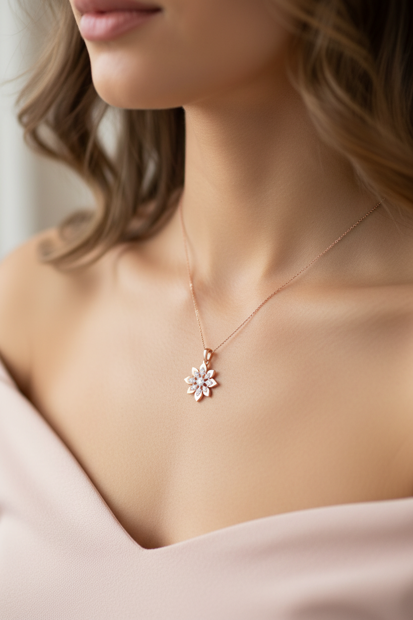 Different model in pastel off-shoulder top wearing tiny rose gold snowflake pendant