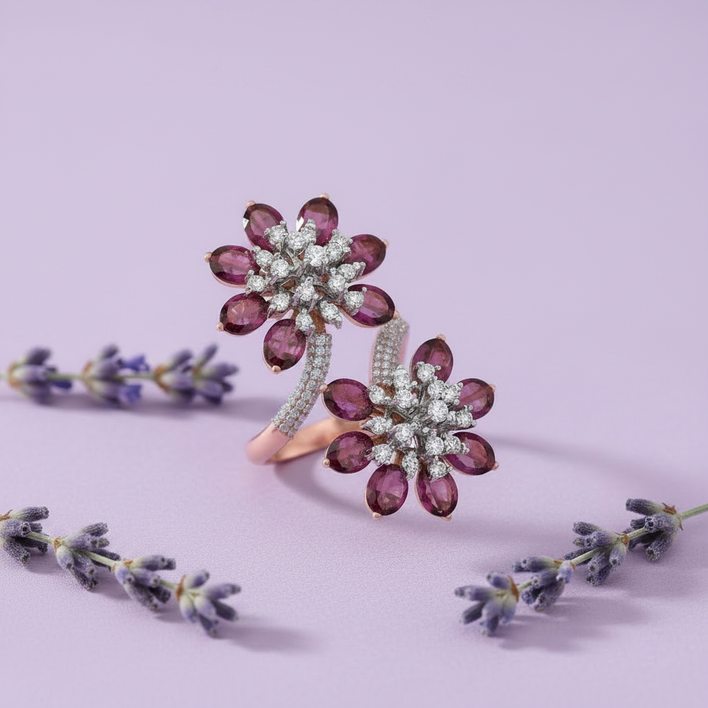 Double Flower Bypass Ring - Lavender