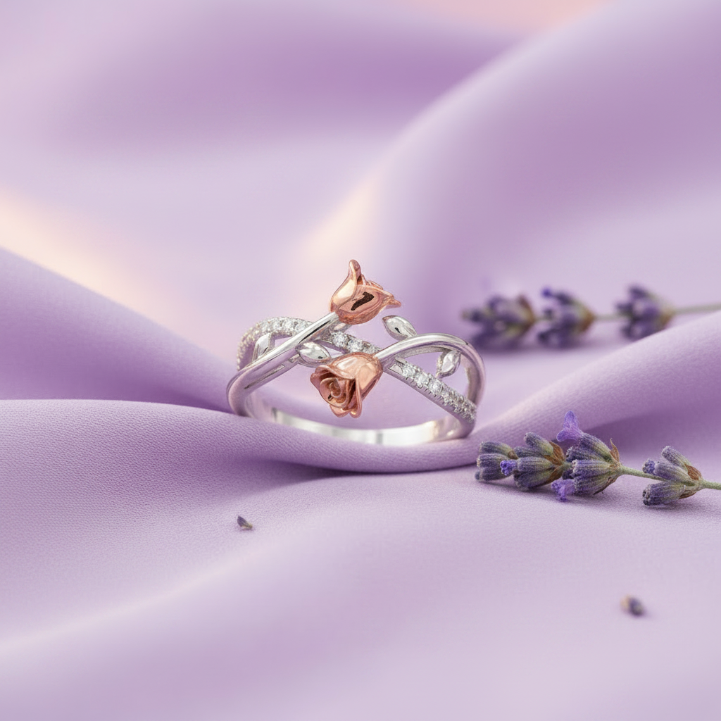 Double Rose Flower Ring - Lavender Silk