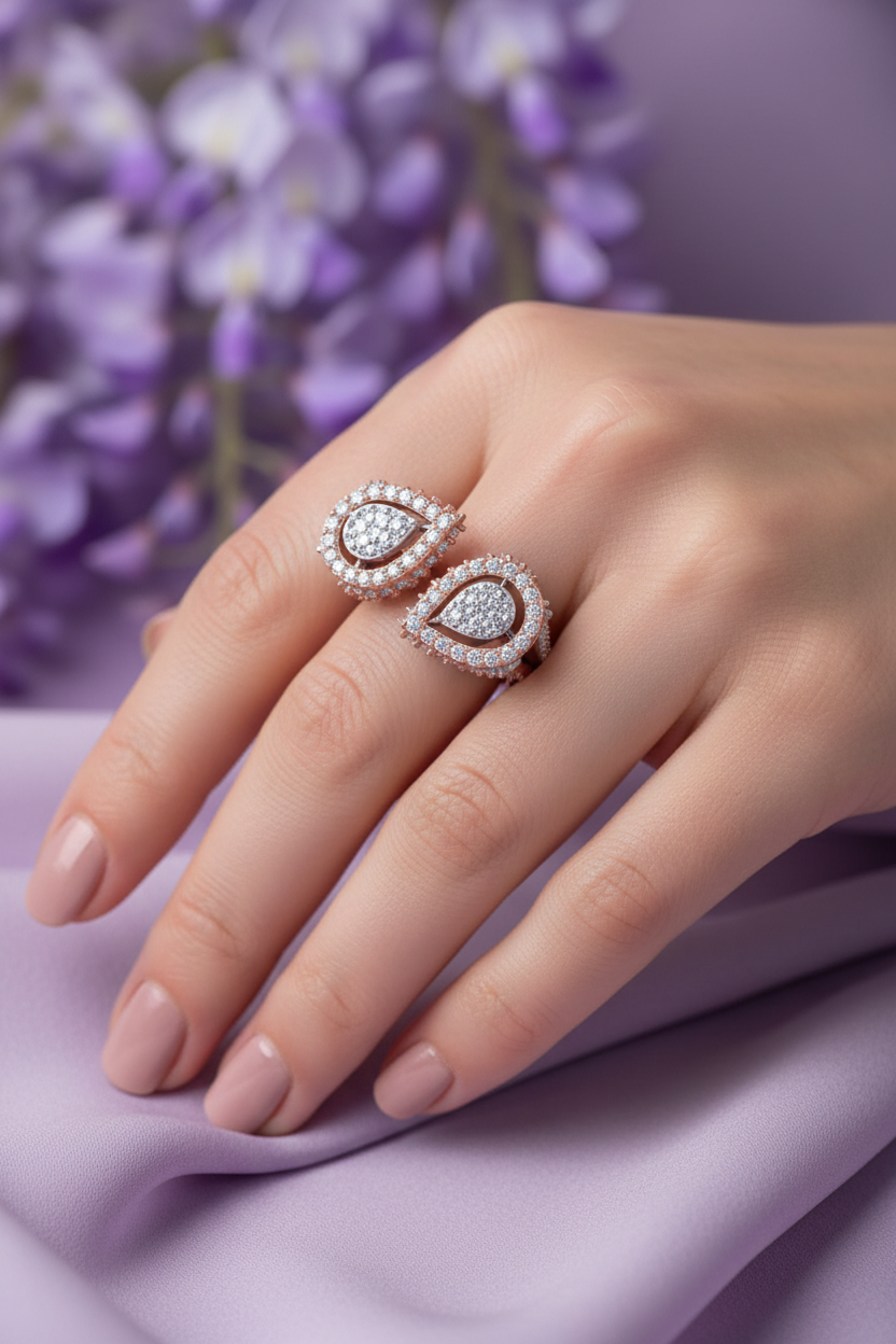 Double Teardrop Ring – Single Finger 3/4 Angle