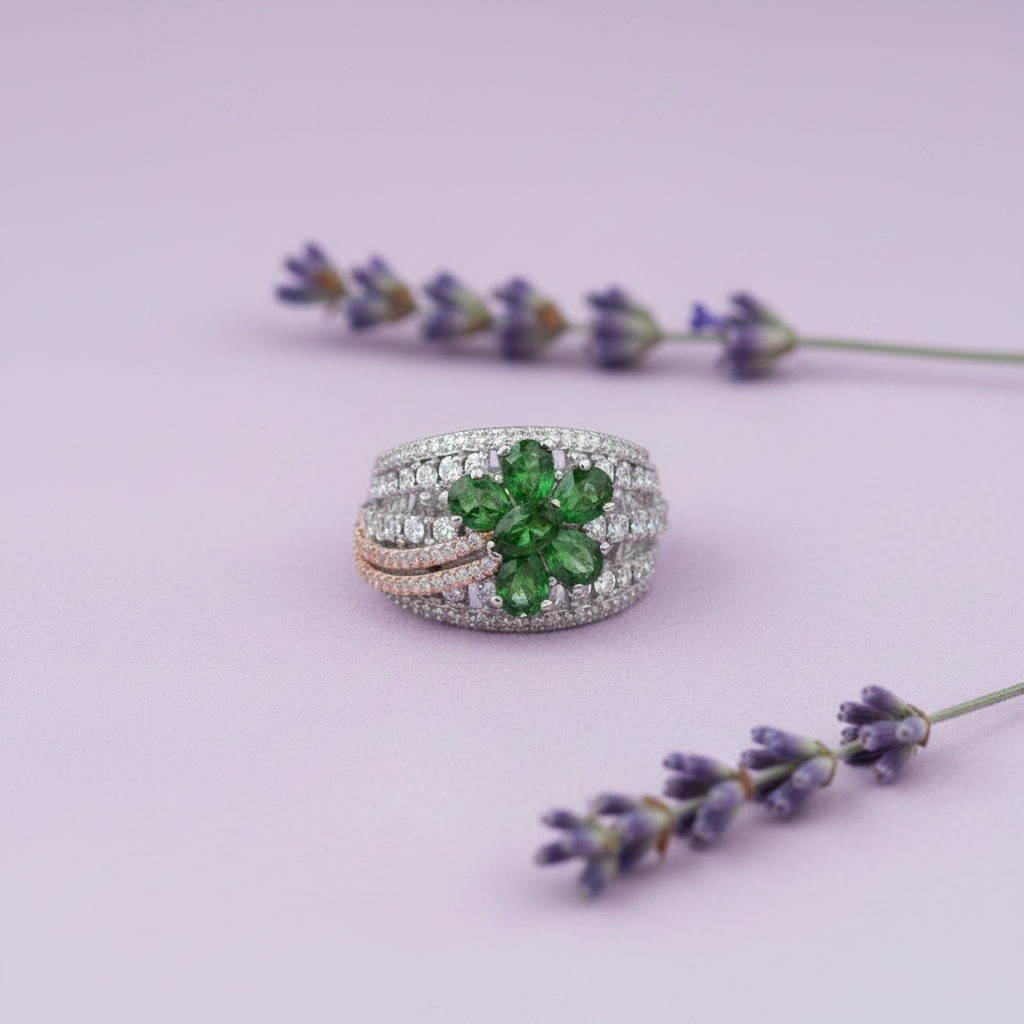 Emerald Flower Wide Band Ring - Lavender