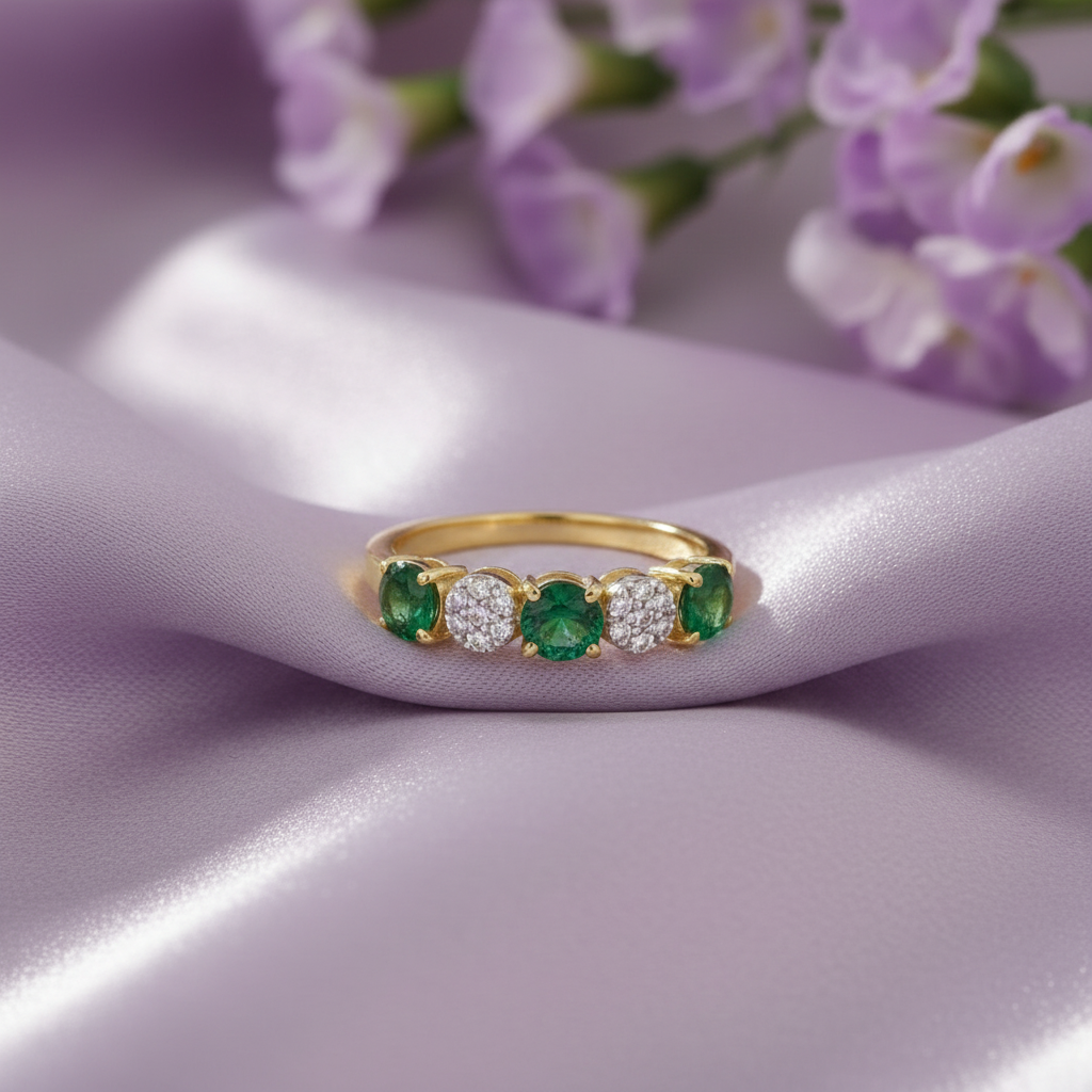Emerald ring upright on lavender silk