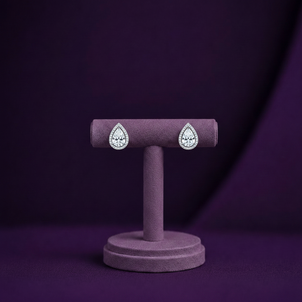 ER1123 Correct Pear Orientation White Gold Diamond Halo Stud Earrings Purple BG