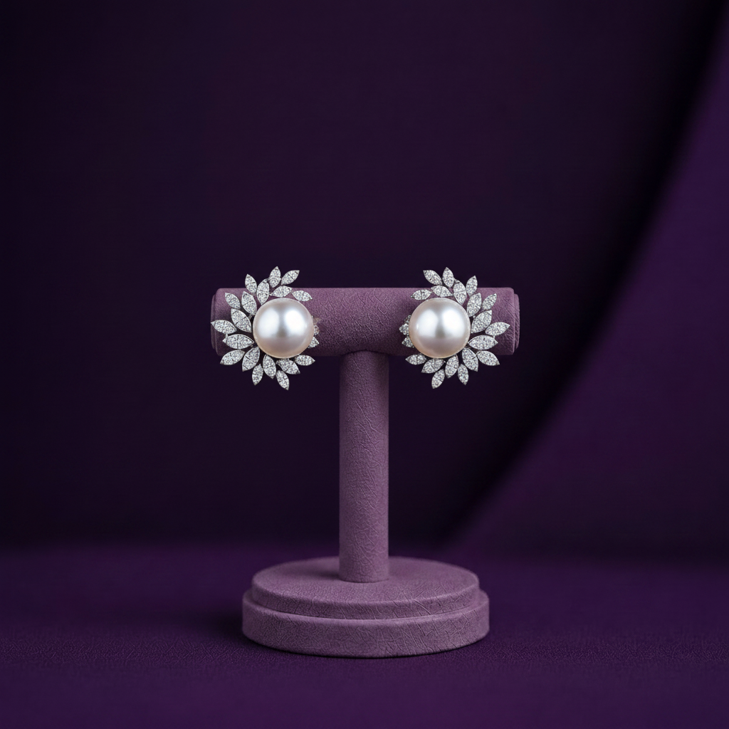 ER1905 White Gold Pearl Diamond Sunburst Stud Earrings Purple BG