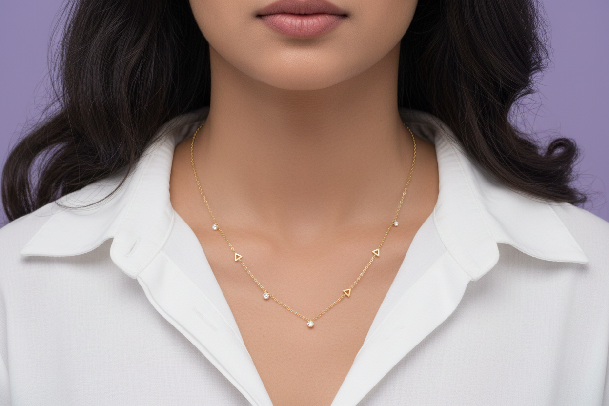 Exact Design - Close Up - Triangle Diamond Station Necklace on Model