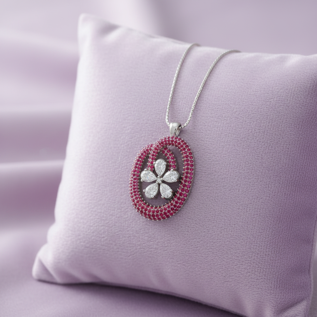 Exact original ruby diamond oval pendant on lavender cushion