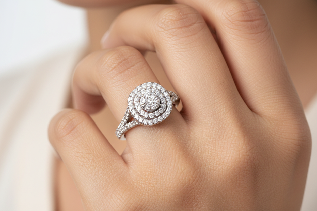 Extra Small Double Halo Diamond Ring on Finger
