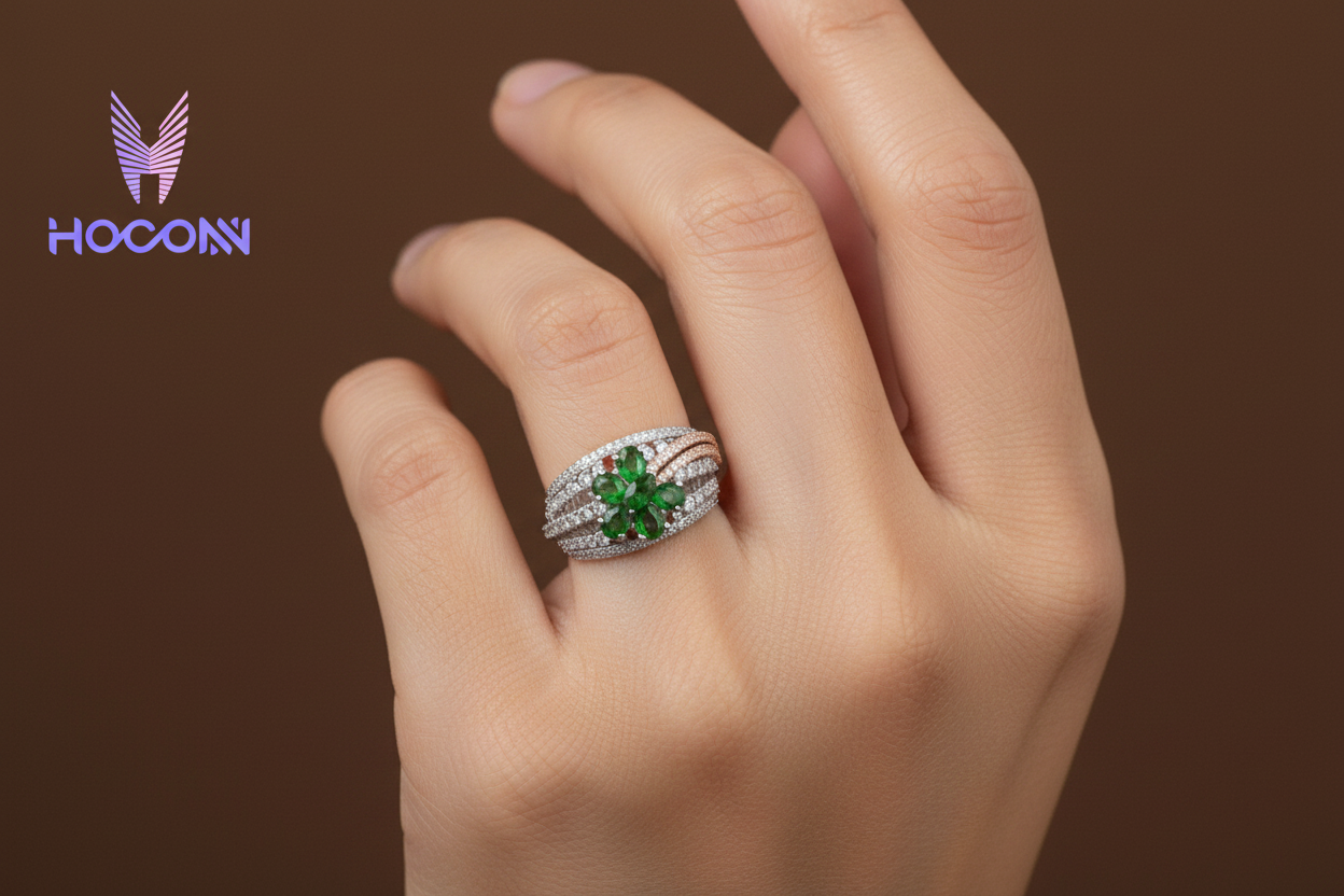 Extra Small Emerald Flower Ring on Finger