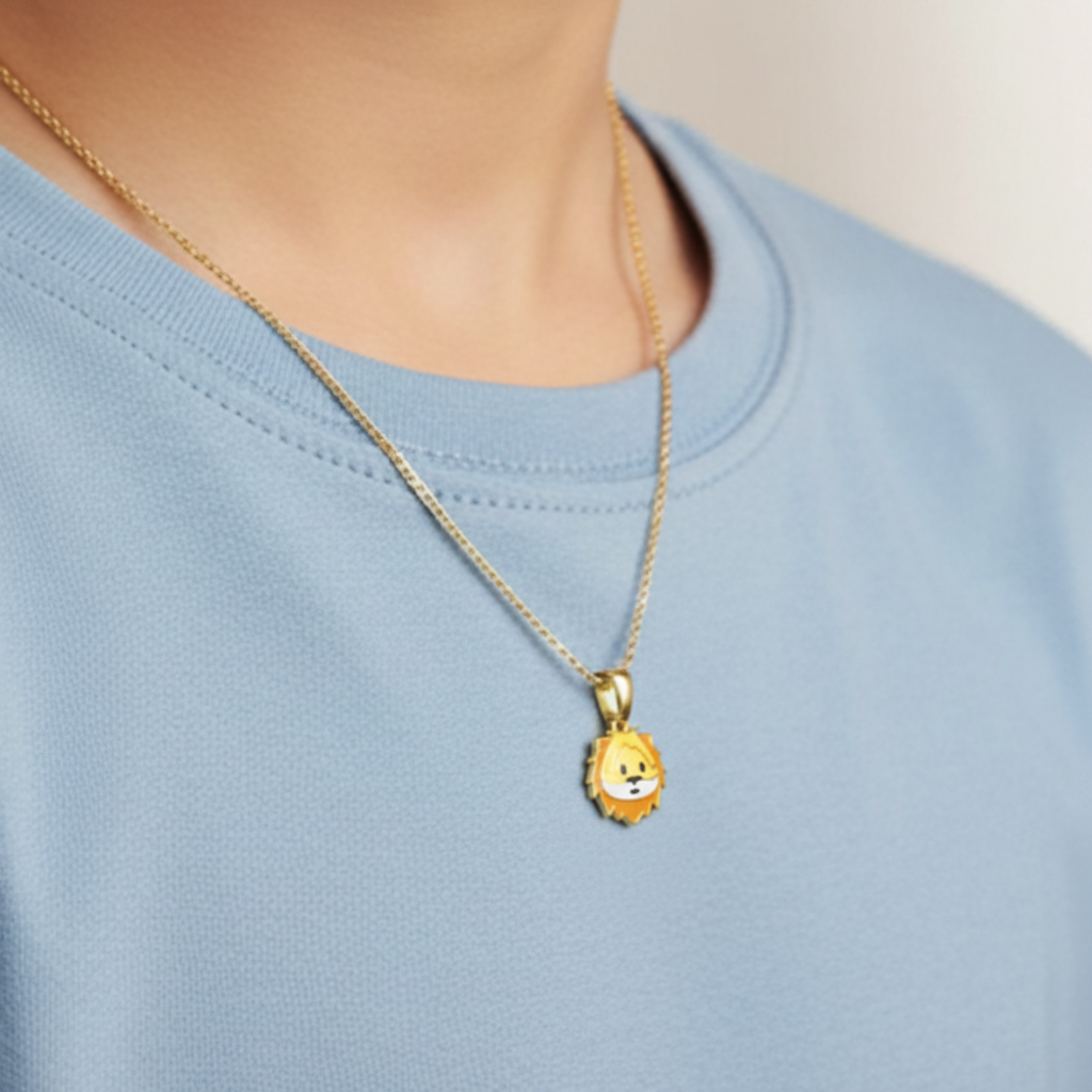 Extremely small lion pendant on blue t-shirt model