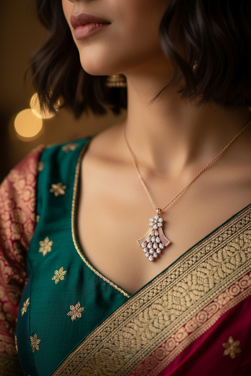 Festive lifestyle shot - woman in ethnic outfit wearing original rose gold diamond fan pendant