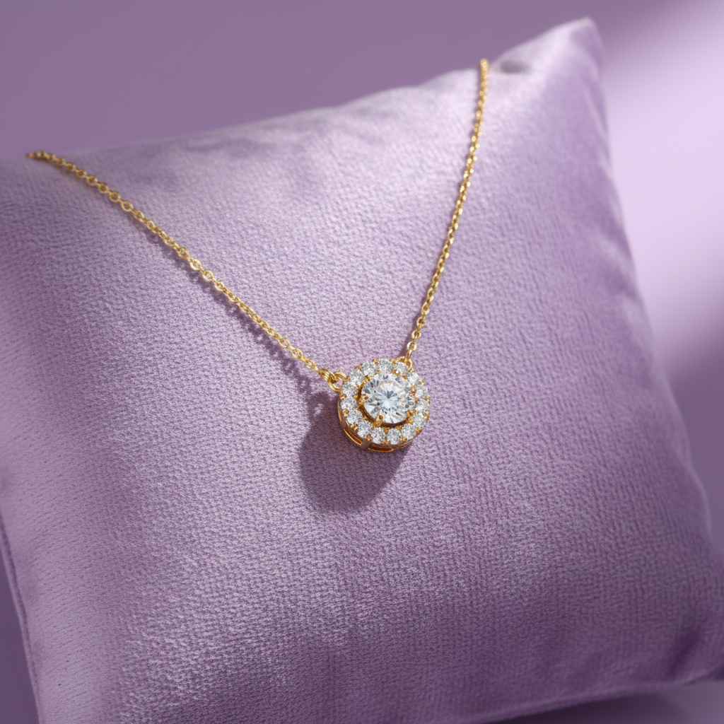 Full pave diamond round pendant yellow gold necklace on lavender velvet cushion