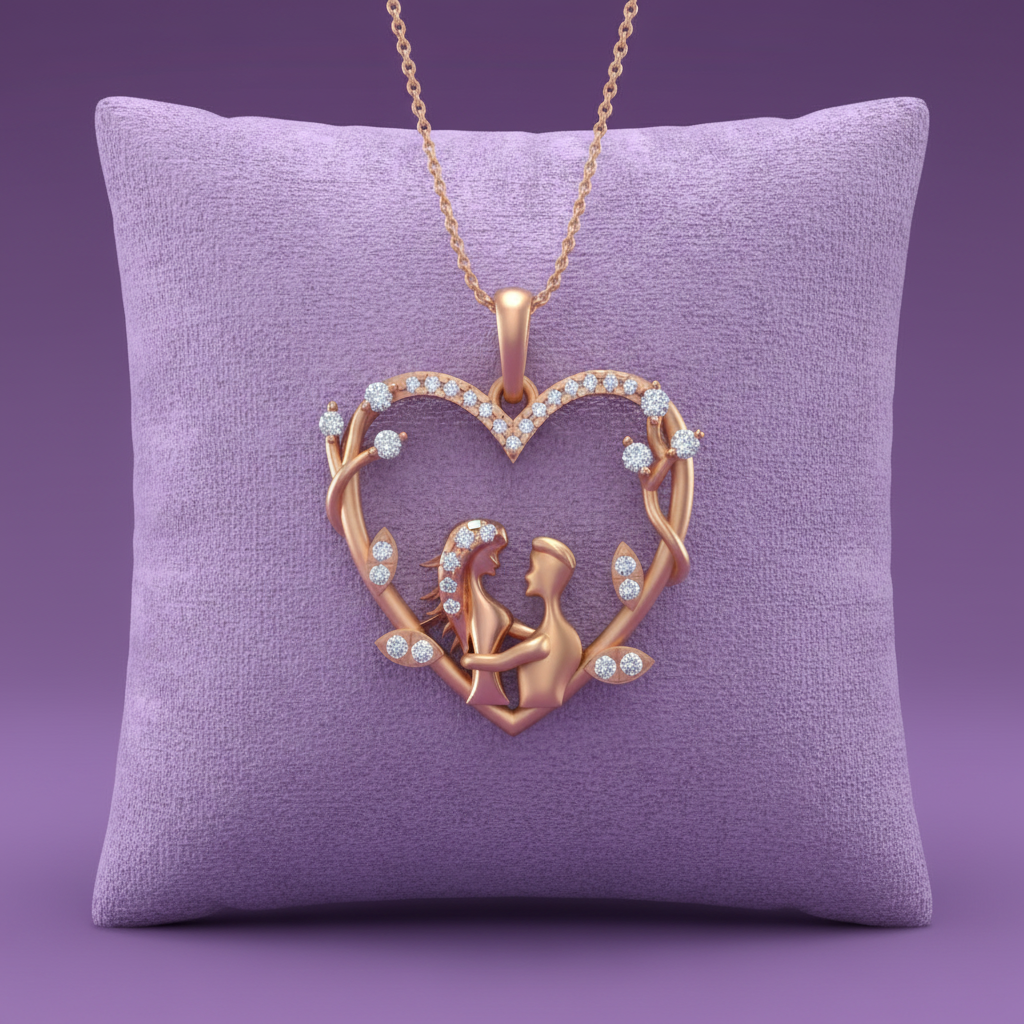 Full Rose Gold Couple Heart Pendant on Lavender Cushion