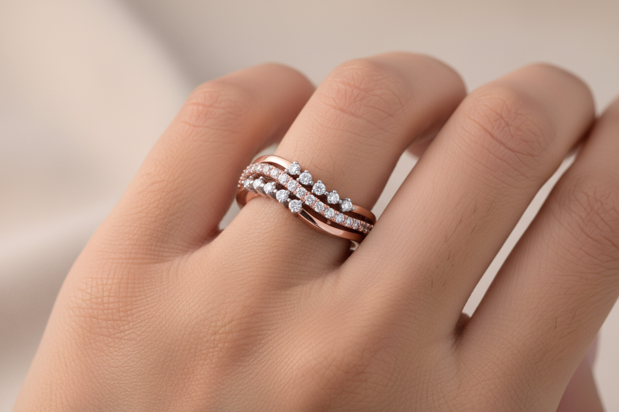 Girl Wearing Crossover Wave Diamond Ring