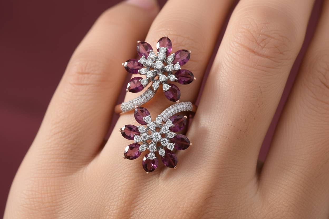 Girl Wearing Double Flower Garnet Diamond Ring