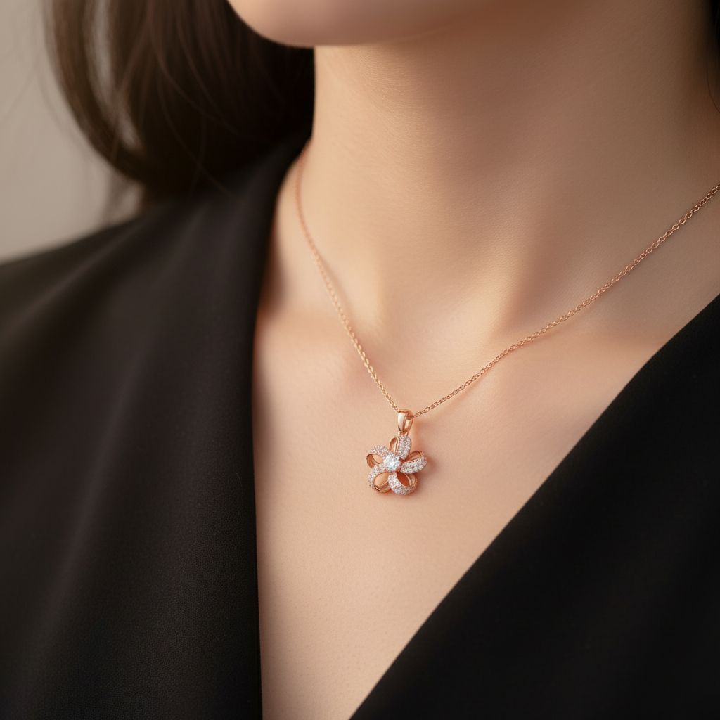 Girl wearing extra small 10mm rose gold five petal flower pendant regenerated