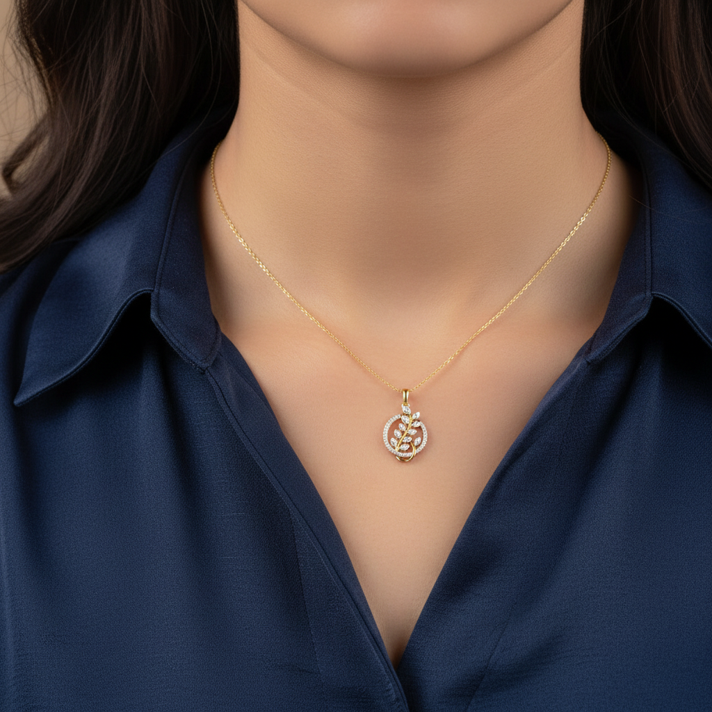 Girl wearing extra small CPS00269 yellow white gold circular tree branch pendant