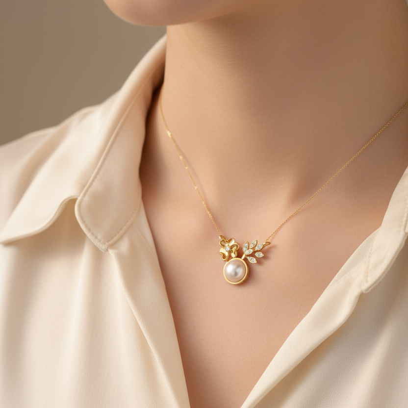 Girl wearing extra small Hoconn pearl pendant