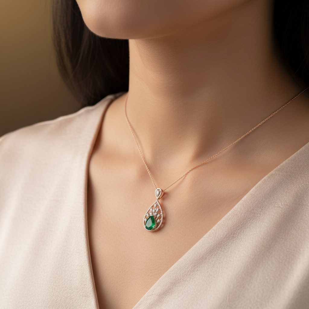 Girl wearing extra small HPS01393B pear emerald teardrop pendant