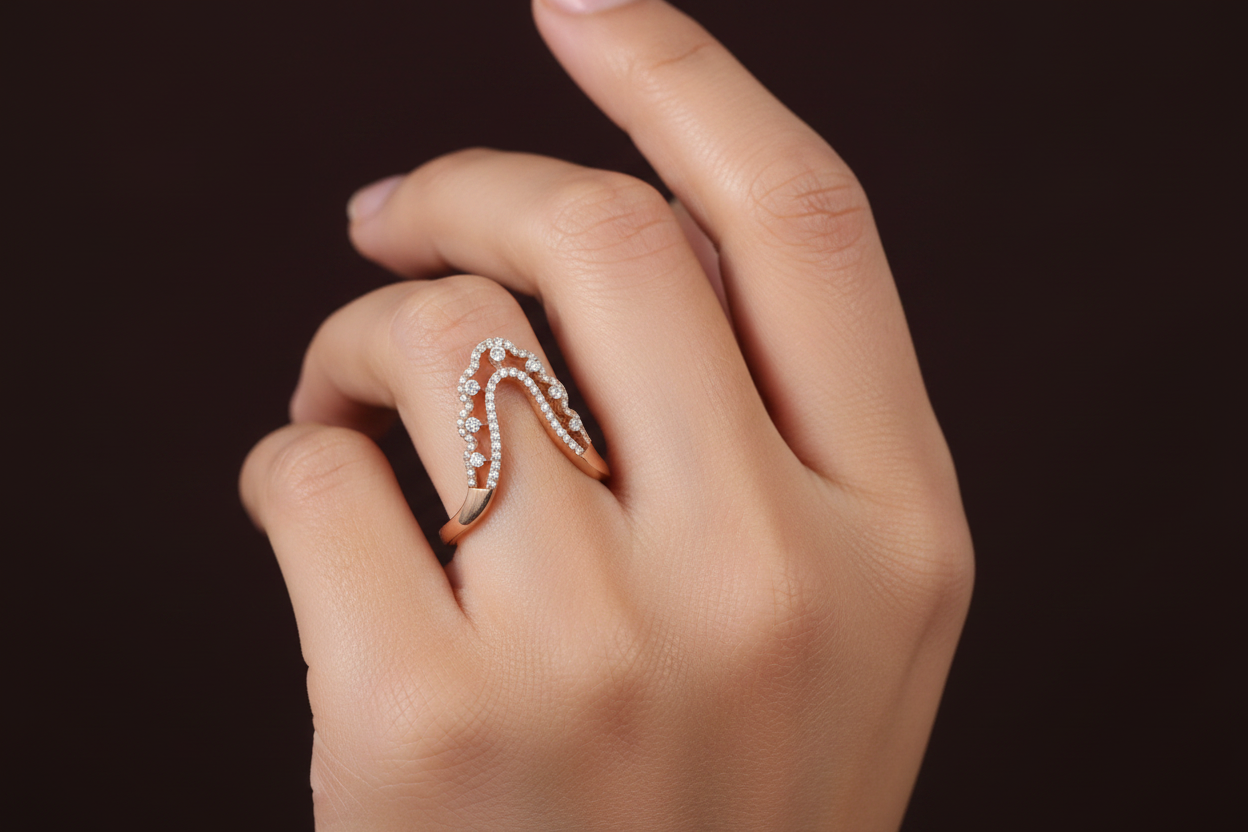 Girl Wearing HLR06242 Rose Gold Crown Arch Diamond Ring