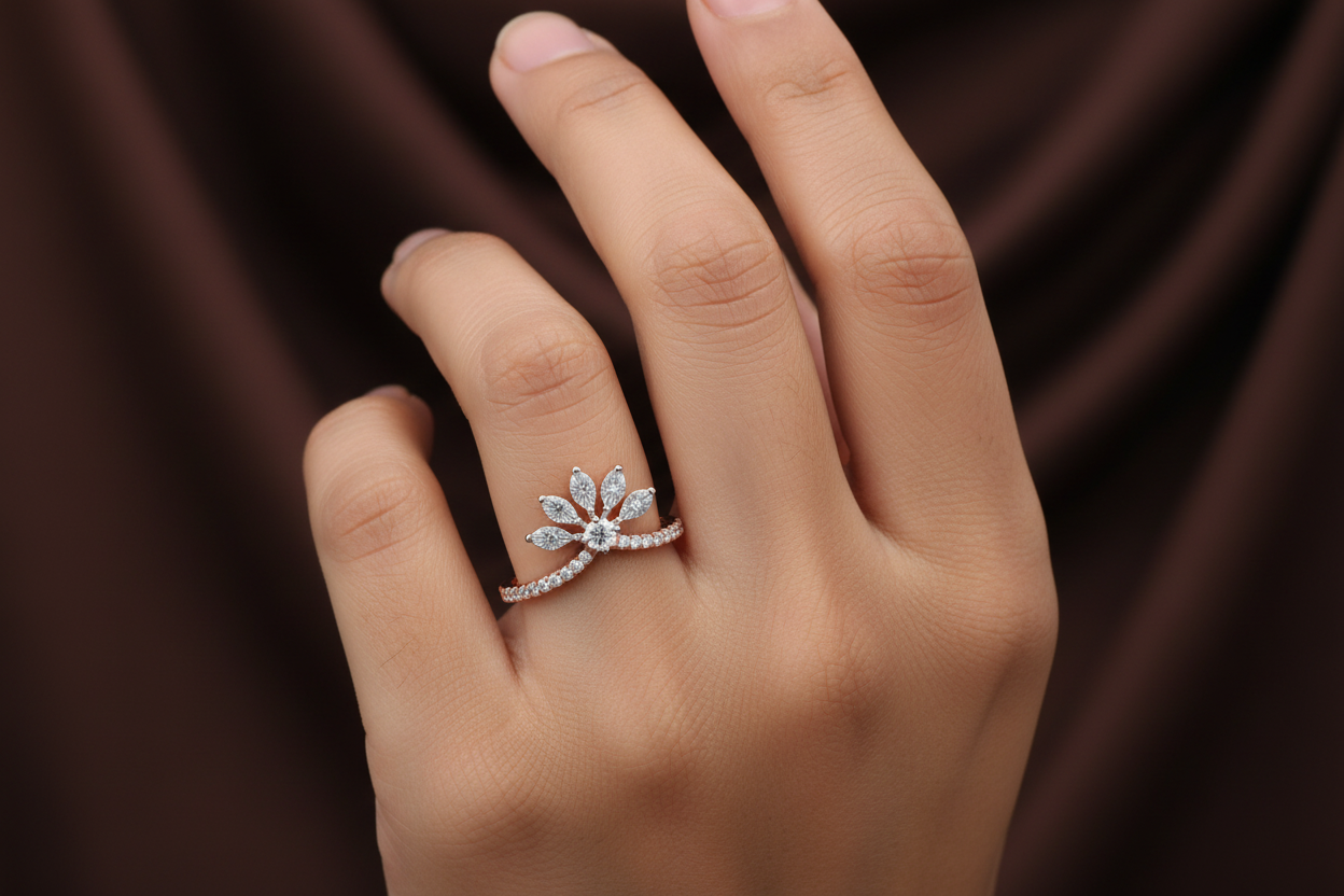 Girl Wearing HLR06255 Rose Gold Chevron Lotus Crown Ring