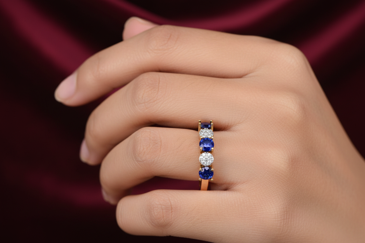 Girl Wearing HLR06742 Yellow Gold Sapphire Diamond Cluster Ring