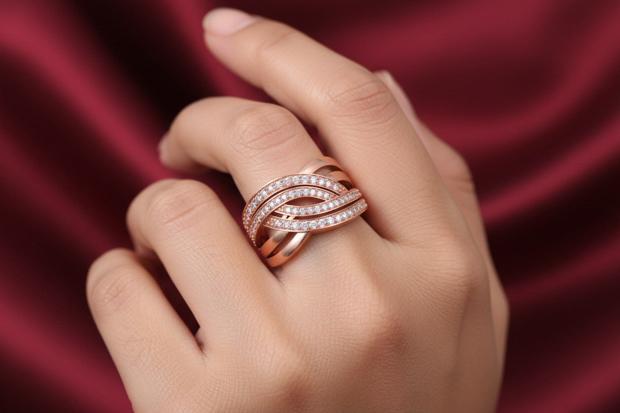 Girl Wearing HLR06768A Rose Gold Multi-Strand Braided Pave Ring