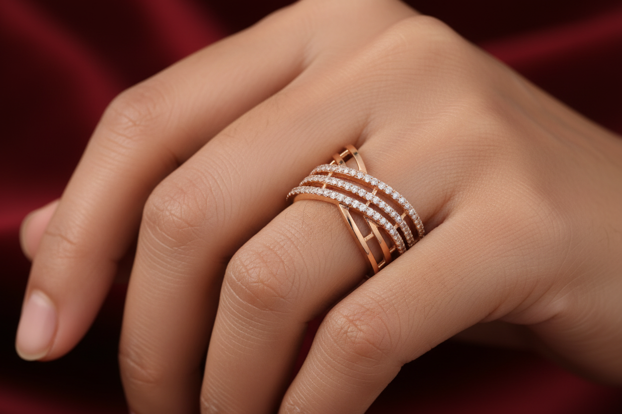 Girl Wearing HLR07080 Rose Gold Multi-Strand Crossover Pave Ring