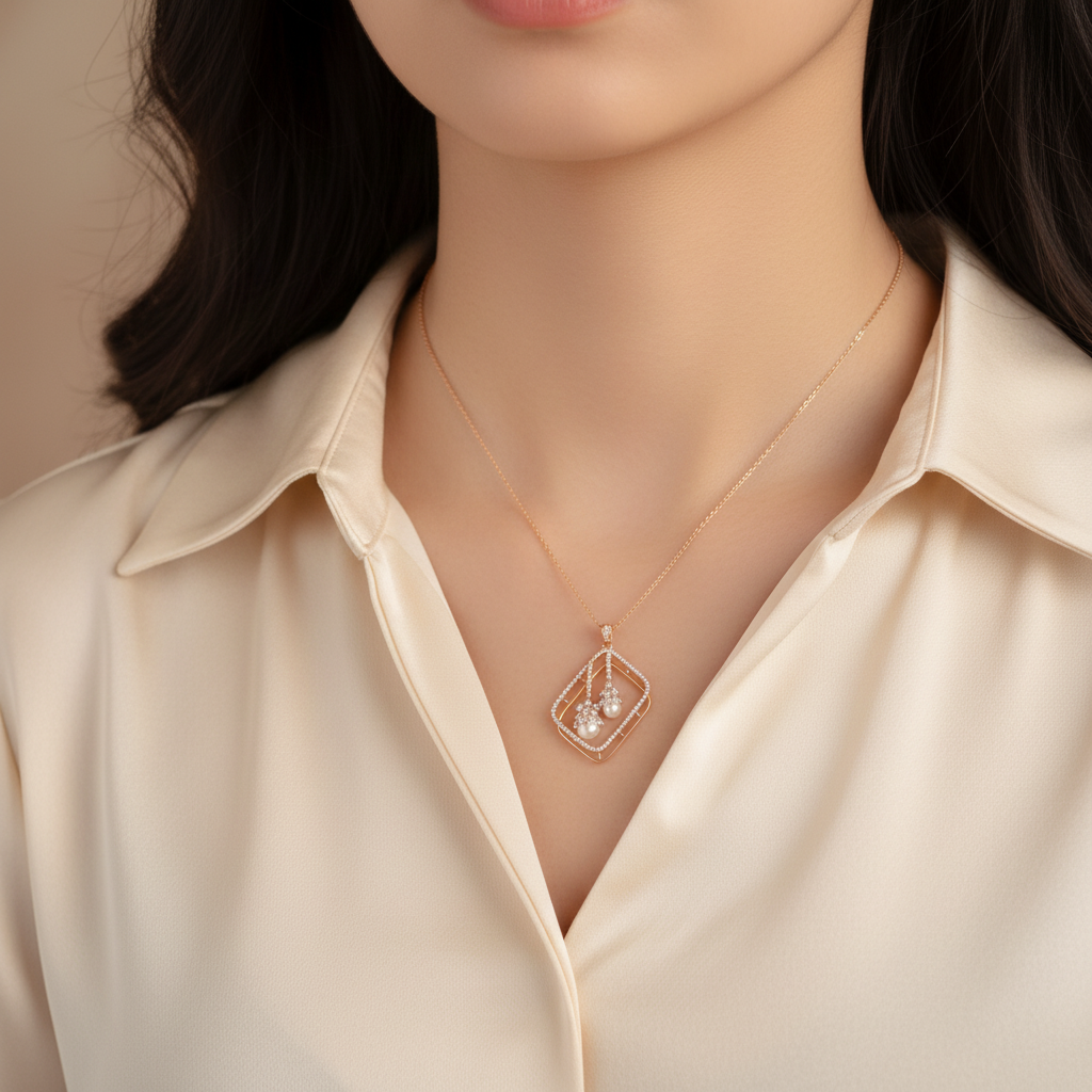 Girl wearing HPS02035 rectangular pearl pendant