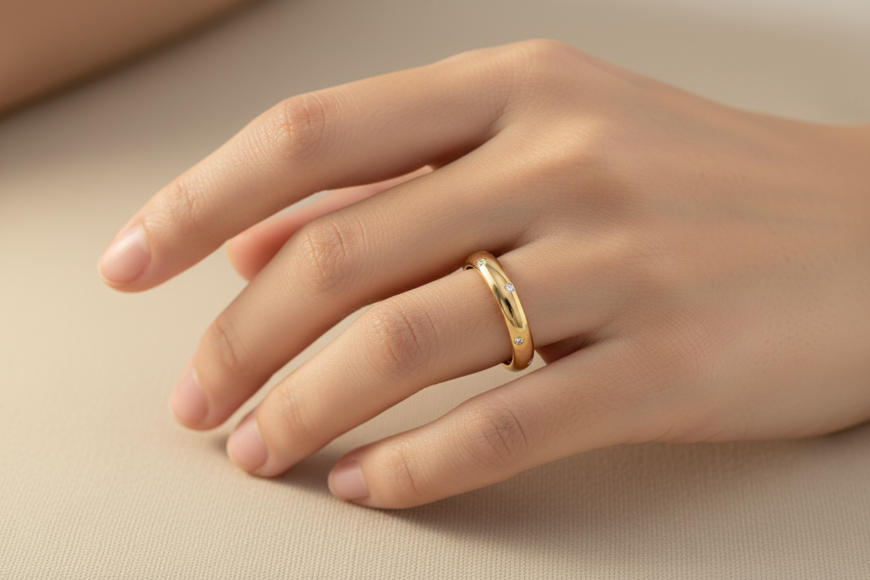Girl wearing minimalist gold diamond band ring
